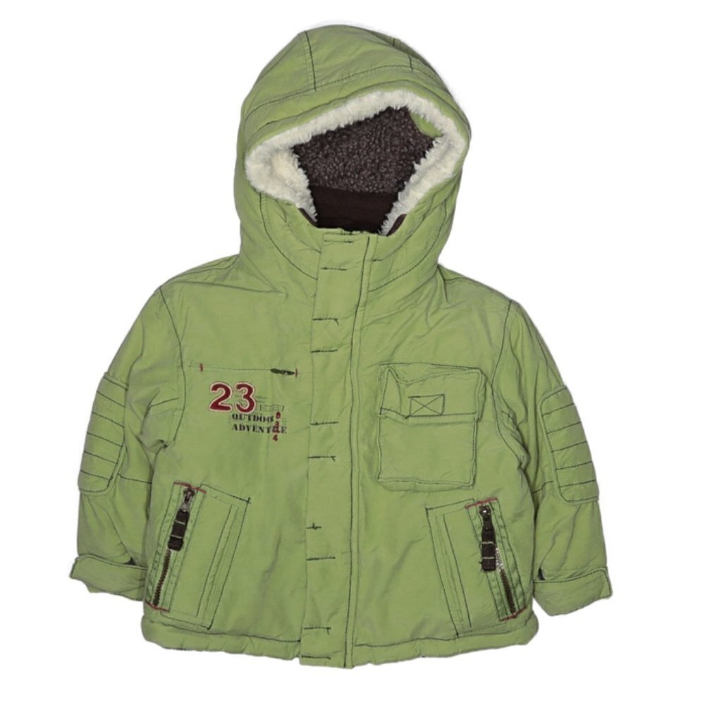 London Fog Baby Size 18 Months Puffer Coat Green Brown Fleece‎ Lined Sherpa Hood